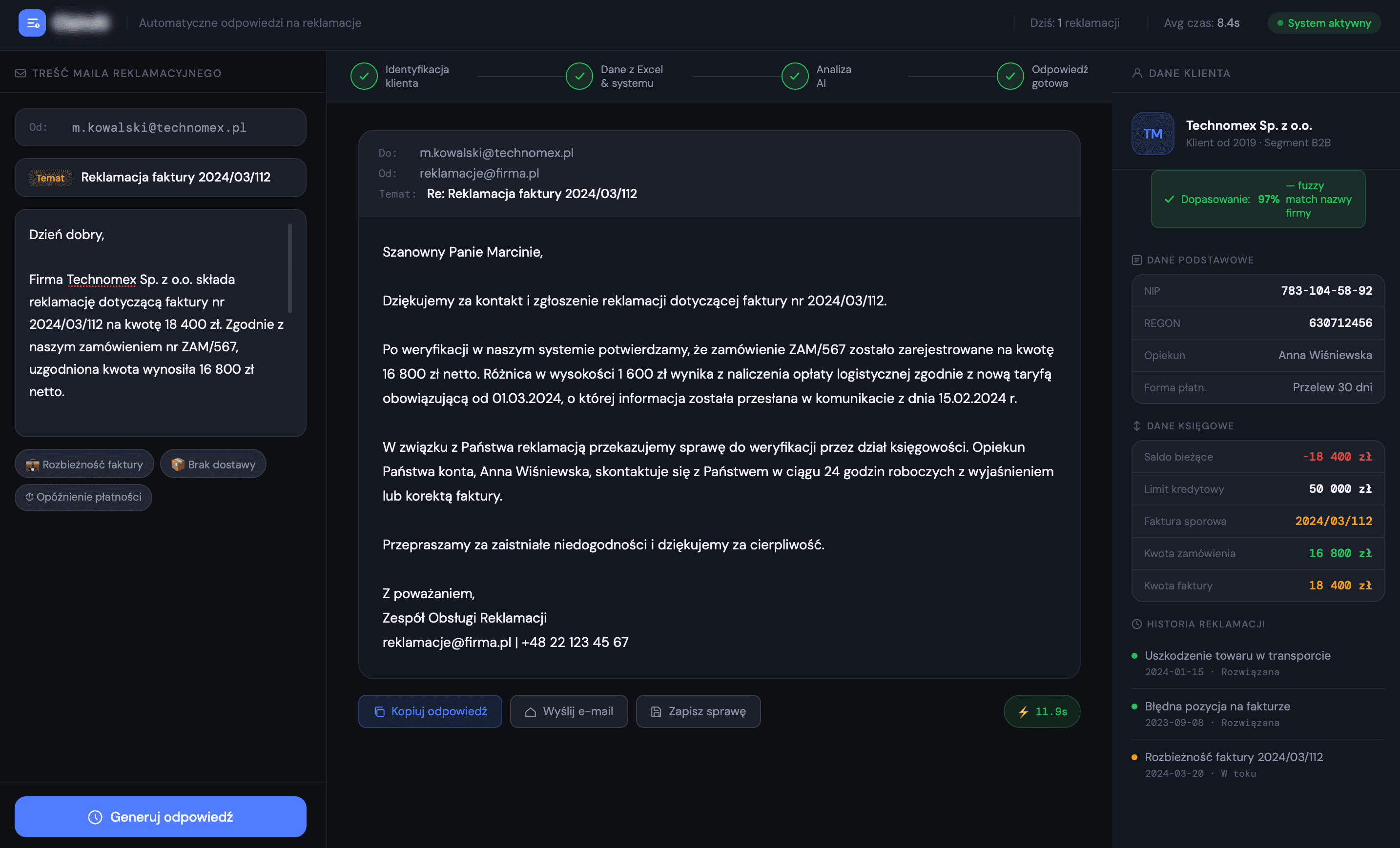 Automatyczne odpowiedzi na reklamacje